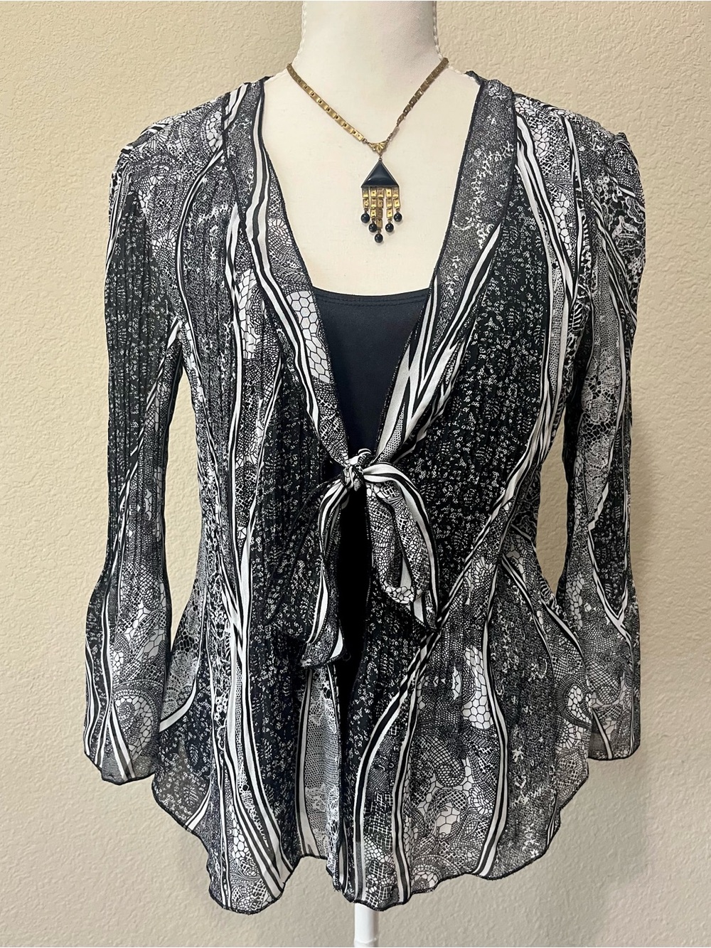 Allison Taylor Black & White Tie-Front Sheer Blouse -